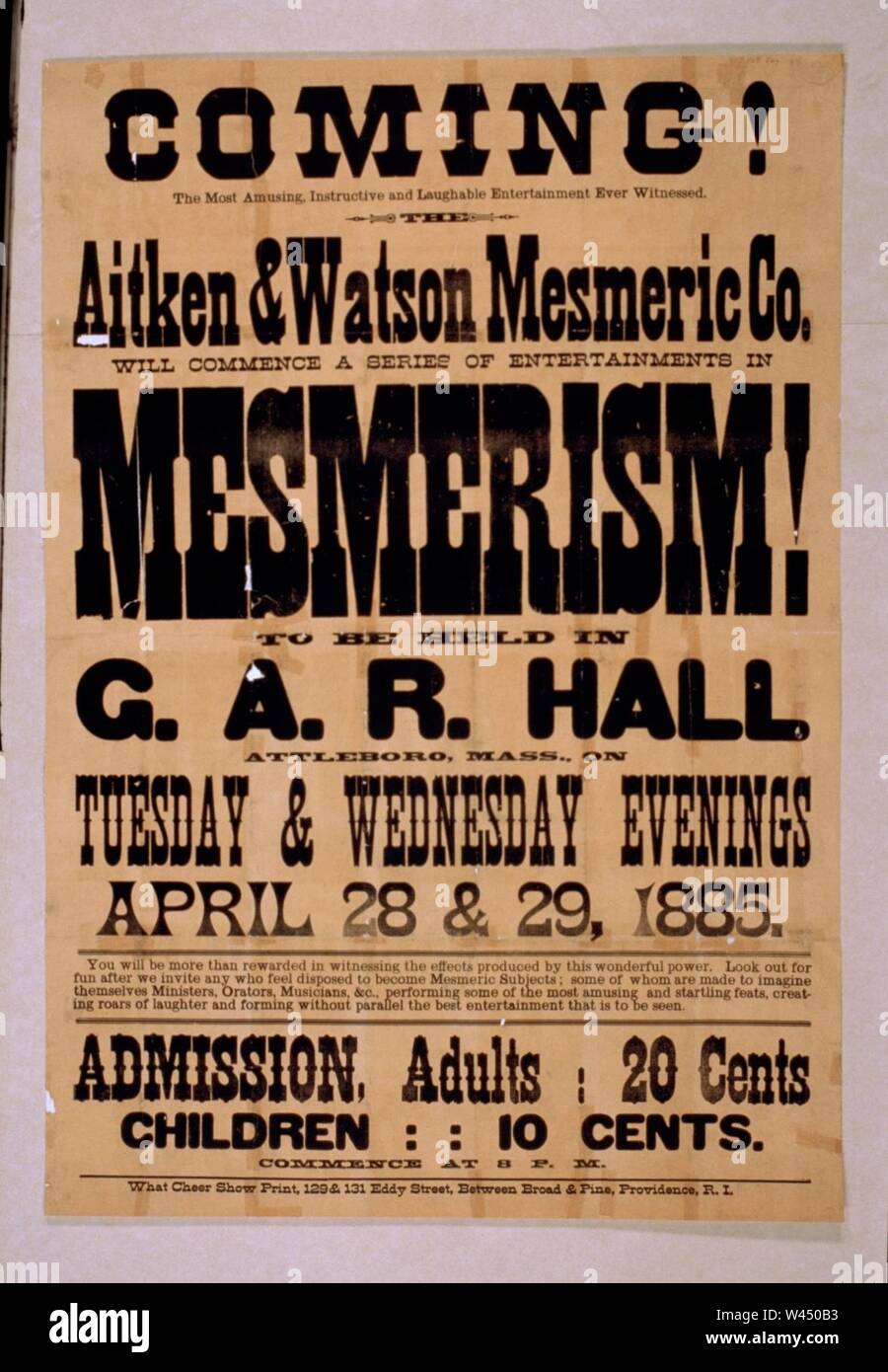 In arrivo! Aitken & Watson Mesmeric Co. avrà inizio una serie di intrattenimenti in mesmerism! Che si terrà in G.A.R. Hall, Attleboro, messa. il martedì e il mercoledì sera, aprile 28 & 29, 1885. Foto Stock