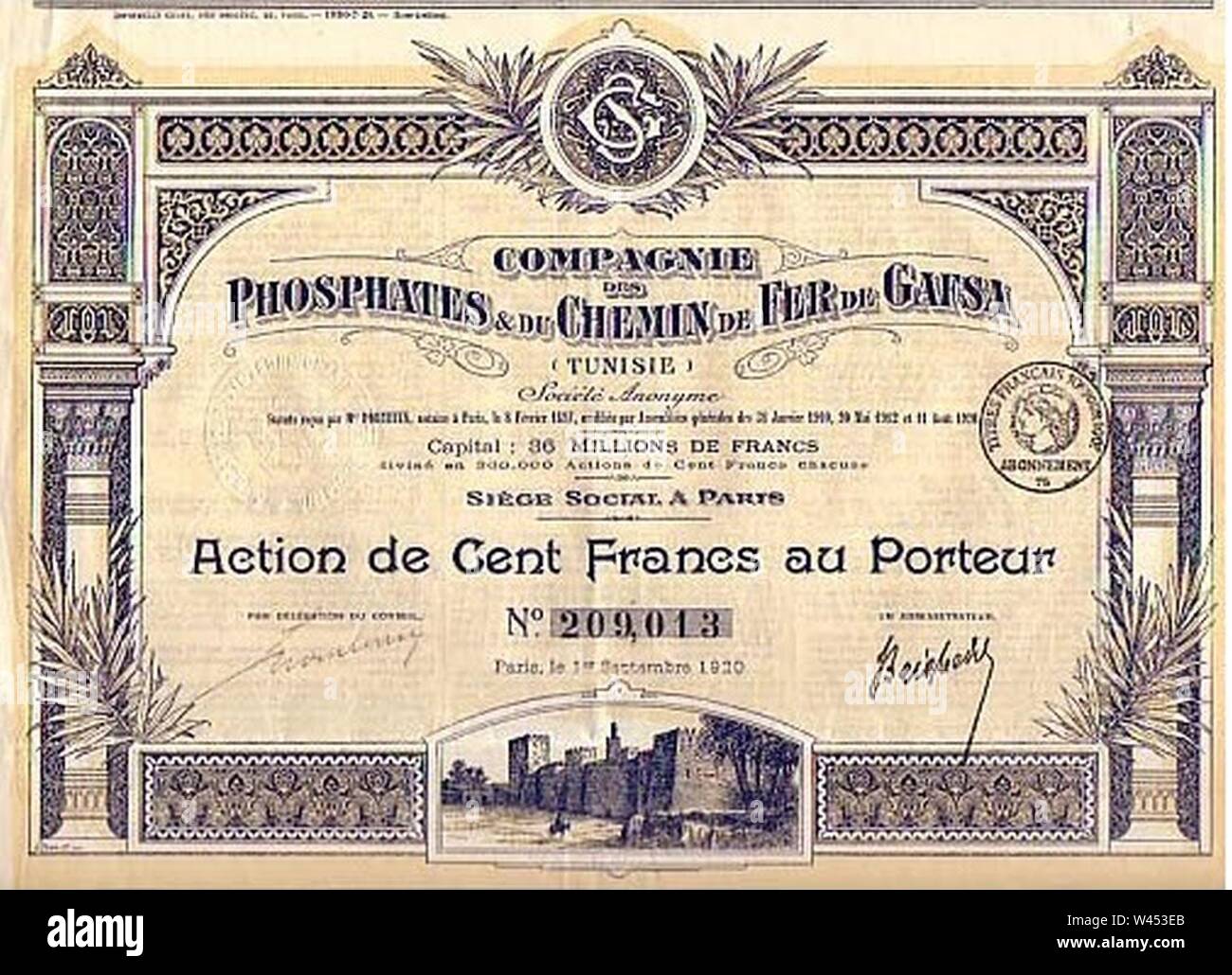 La compagnie des fosfati et des chemins de fer de Gafsa azione 100 franchi 1920. Foto Stock