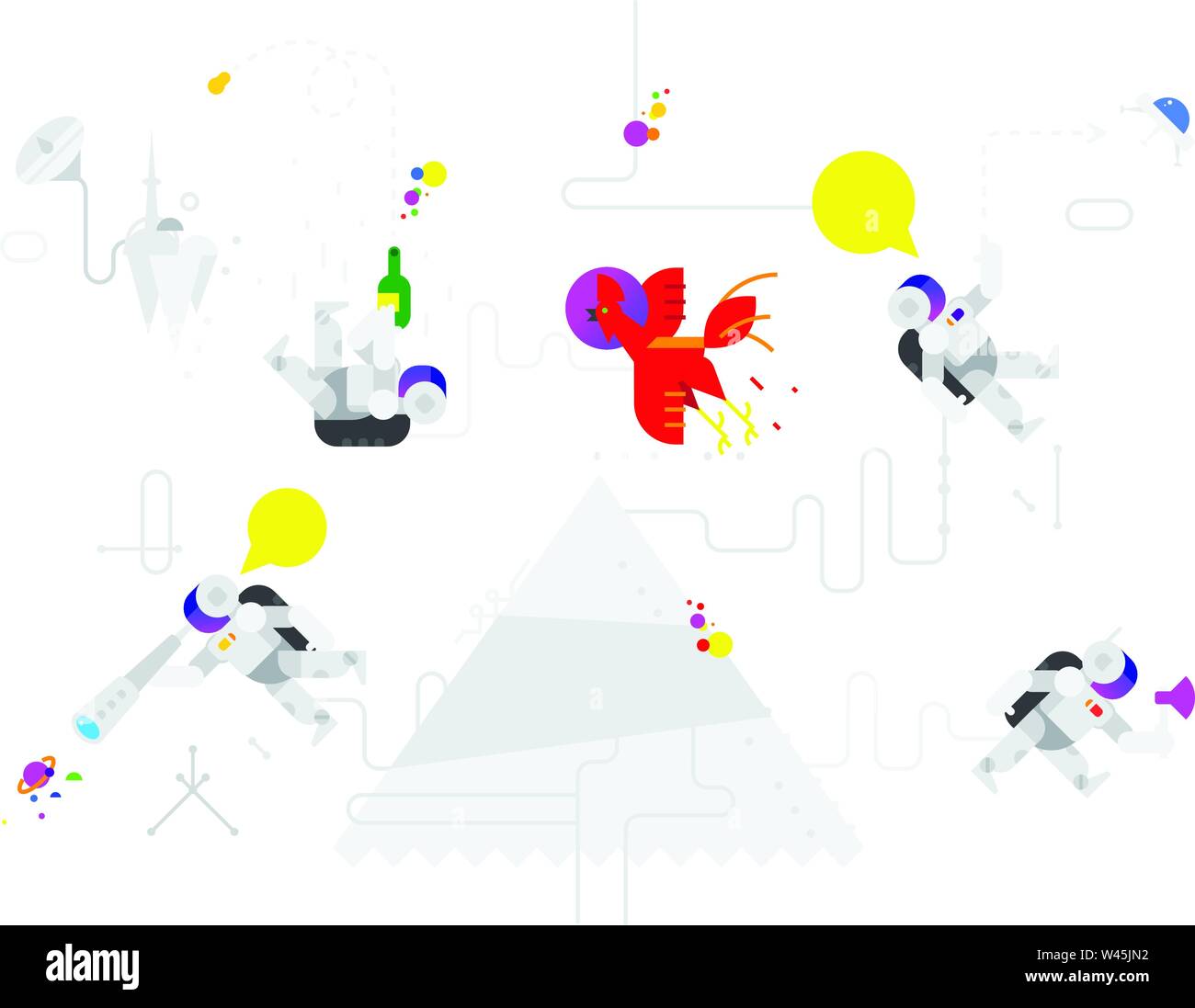 Gli astronauti in stile cartoon. Caratteri vettoriali. Figura piana. Personaggi isolati su sfondo bianco. Illustrazione dei cosmonauti nello spazio per ad Illustrazione Vettoriale