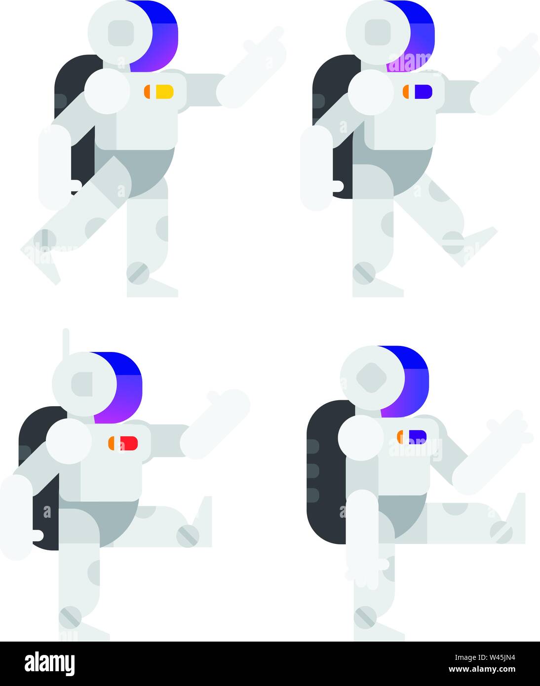 Umanoidi, gli astronauti in stile cartoon. Caratteri vettoriali. Figura piana. Il carattere è isolato su uno sfondo bianco. Illustrazione di Android Illustrazione Vettoriale