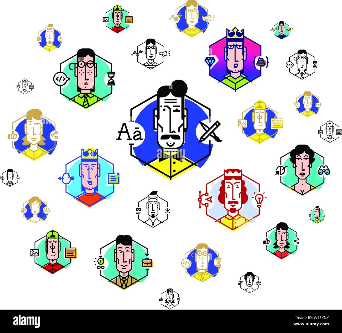 La rete sociale, le persone comunicano. Vettore illustrazione piana. Le icone sono isolati su uno sfondo bianco. Persone della professione. Il Boss, direttore, Illustrazione Vettoriale