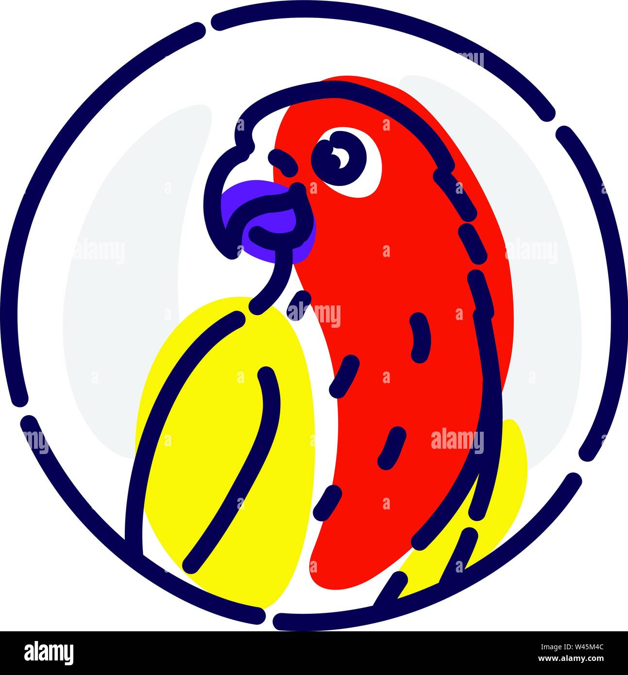 Un cartoon parrot. Vettore icona piatta. Immagine è isolato su sfondo bianco. Un uccello pappagallo in un cerchio. Simbolo, emblema, marchio, logo per la società. Mas Illustrazione Vettoriale
