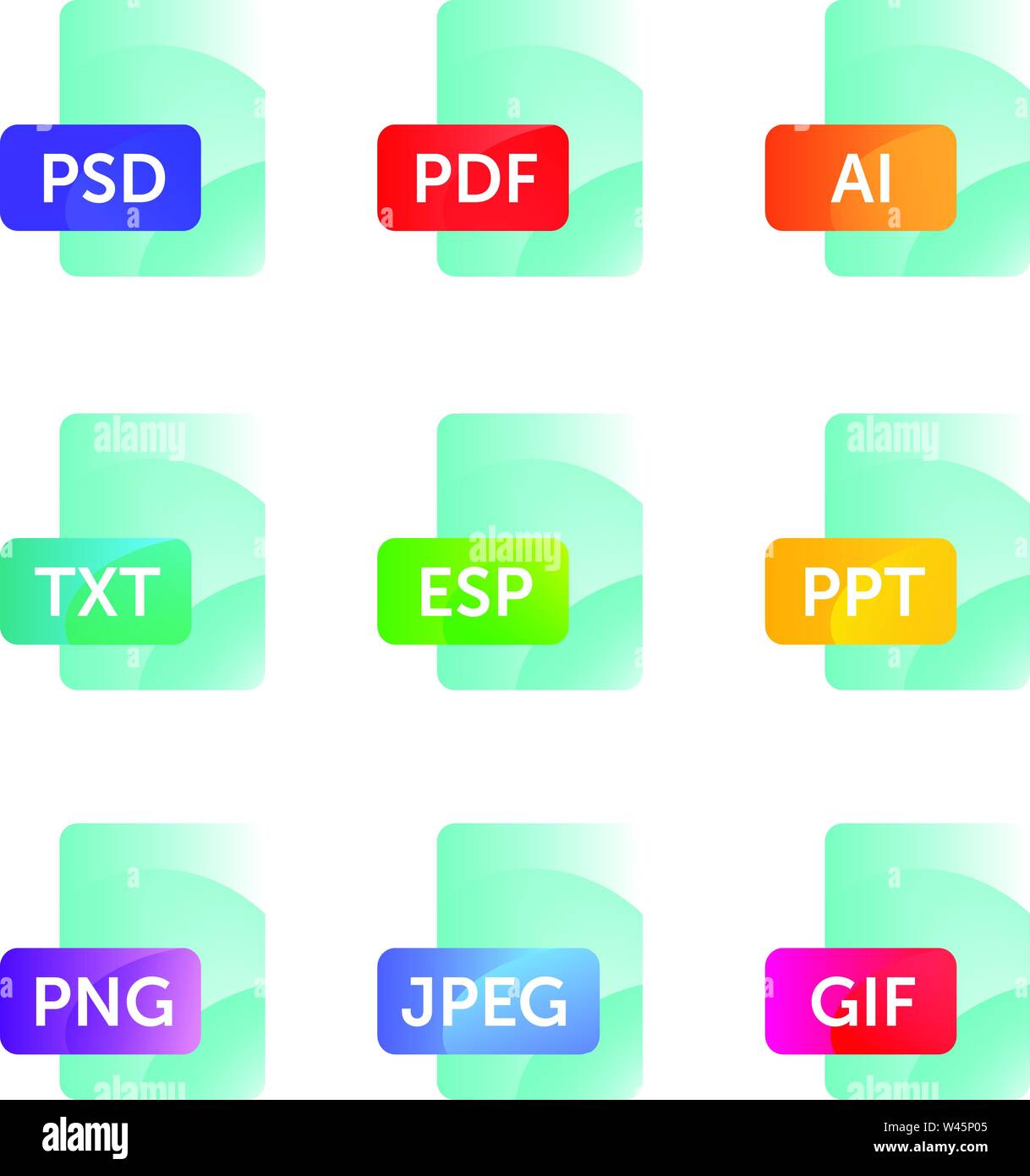 Le icone per i formati in espansione. Le icone dei file. Vettore icone piatta con gradiente, isolati su sfondo bianco. Stile alla moda. Icone per il sito web e stampare Illustrazione Vettoriale