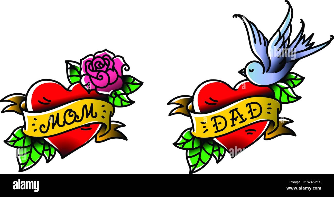 Tatuaggi con la scritta di mamma e papà. Due cuori con un fiore e un uccello. Vettore tatuaggio piana. Congratulazioni per i genitori con un anniversario. Illustrazione Vettoriale