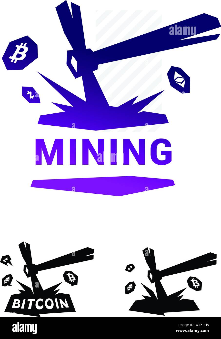 Il logo di data mining, bitcoin mining. Piccone in metallo estraendo crypto valuta. Il logo del vettore. Logo per azienda isolata su sfondo bianco. Il marchio di impresa Illustrazione Vettoriale