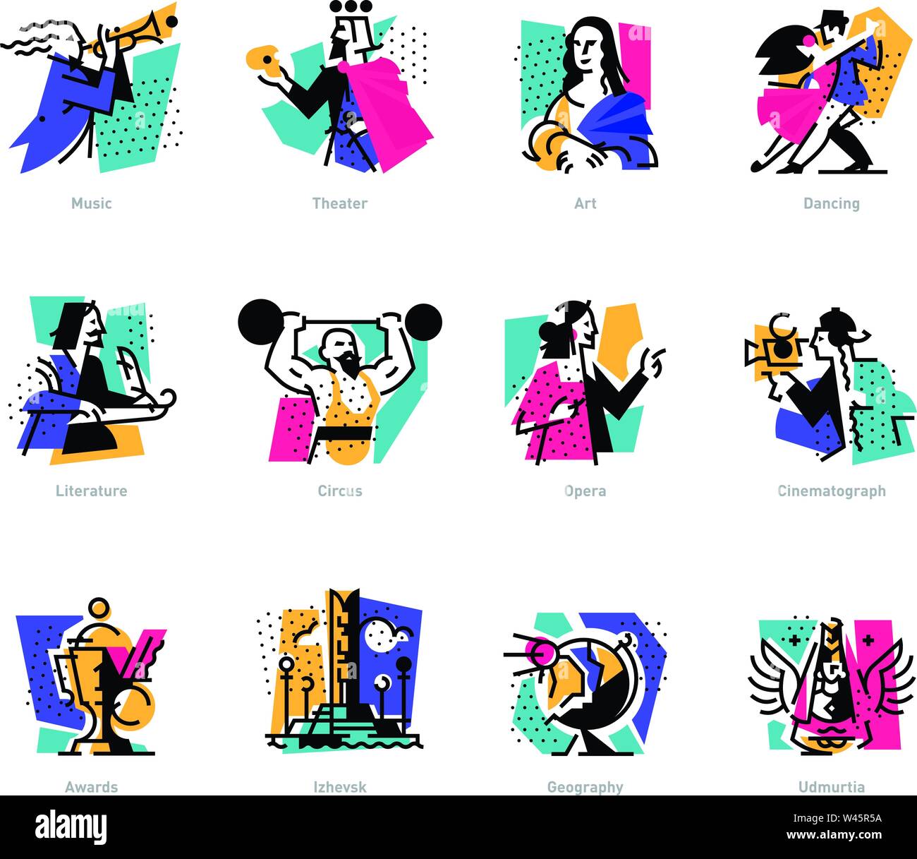 Un set di icone sul tema delle forme d'arte. Musica, coreografia, cantando, letteratura, teatro, circo. Vettore illustrazione piana. Hobby creativo di PEO Illustrazione Vettoriale