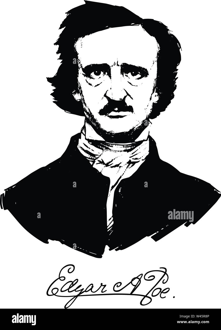 Illustrazione di Edgar Allan Poe. Ritratto di un grande scrittore americano e poeta. Illustrazione per un tatuaggio, sito, opuscoli, poster, cartolina. Immagine su wh Illustrazione Vettoriale