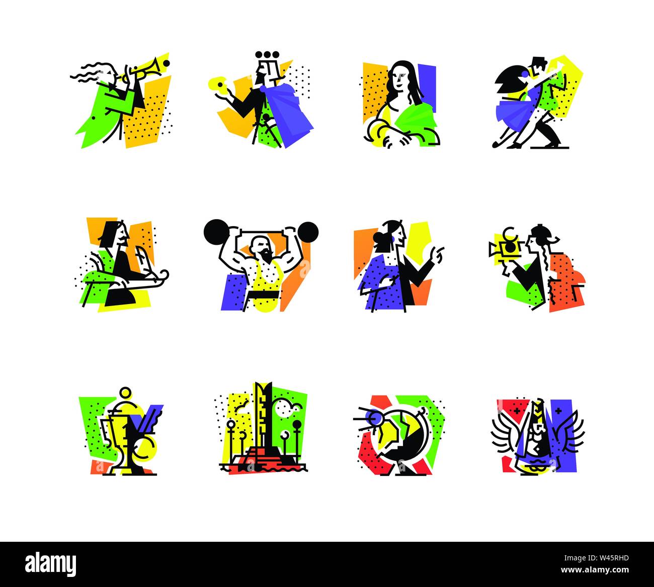 Un set di icone sul tema delle forme d'arte. Musica, coreografia, cantando, letteratura, teatro, circo. Vettore illustrazione piana. Hobby creativo di PEO Illustrazione Vettoriale