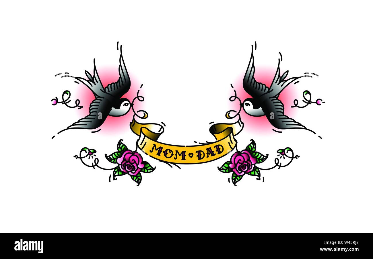 Tattoo rondini con l'iscrizione della mamma papà su nastro. Illustrazione Vettoriale. Tatuaggio, American vecchia scuola. Due uccelli rondini, rose e congratulatio Illustrazione Vettoriale