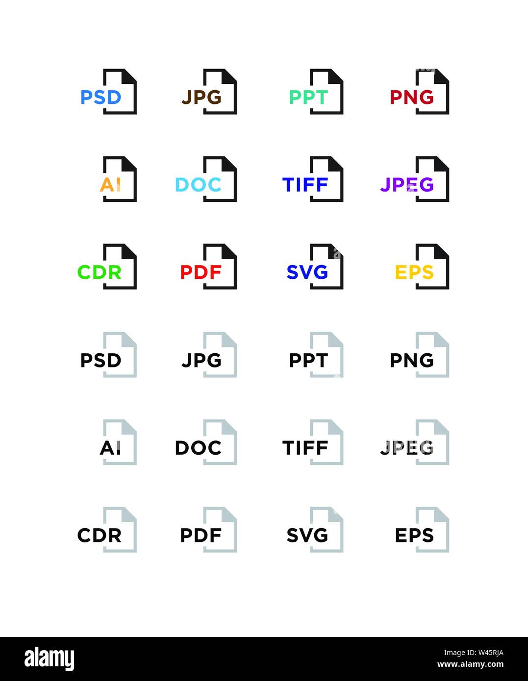 Le icone per i formati in espansione. Le icone dei file. Vettore icone piatta con gradiente, isolati su sfondo bianco. Stile alla moda. Icone per il sito web e stampare Illustrazione Vettoriale