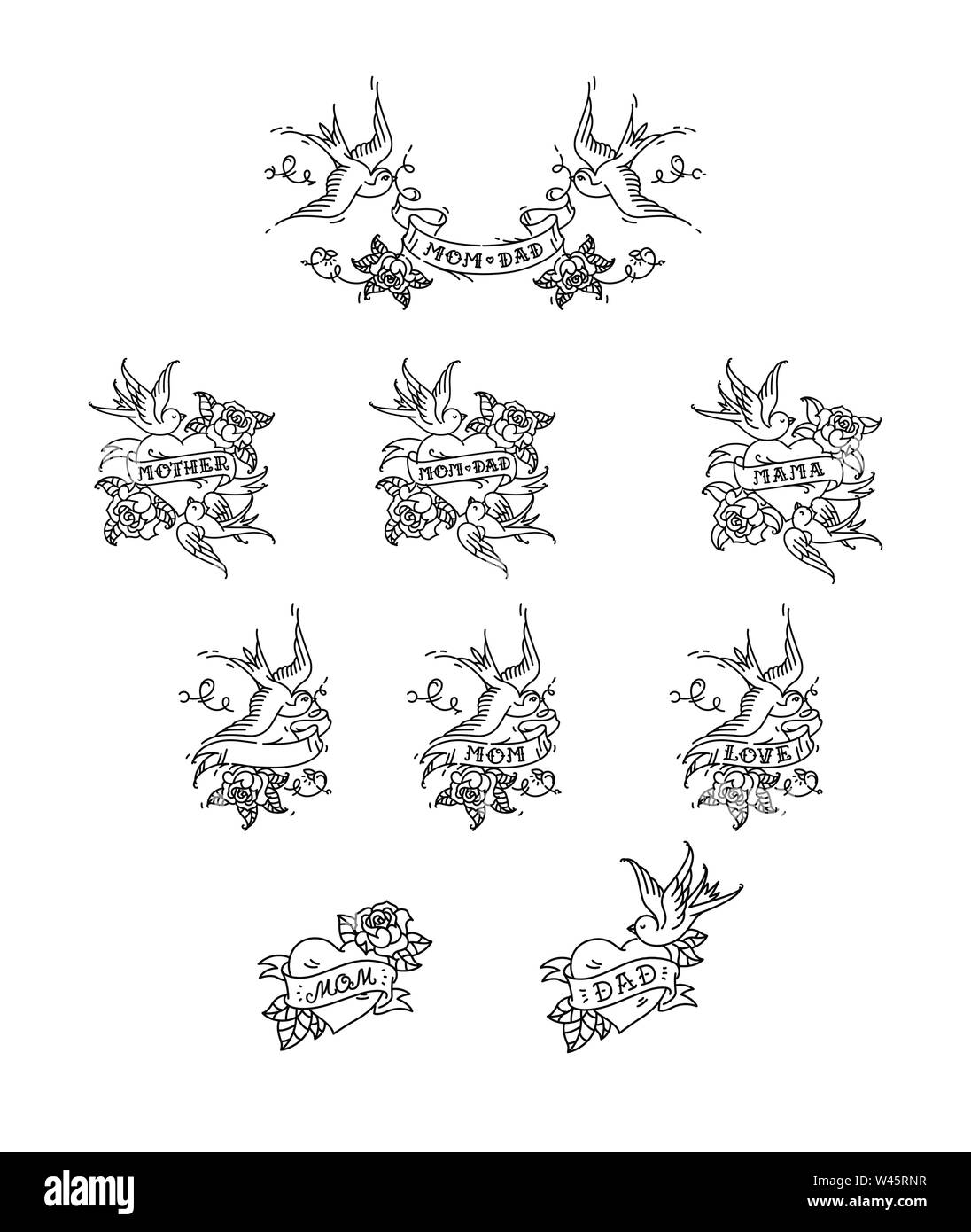 Tattoo rondini con l'iscrizione della mamma papà su nastro. Illustrazione Vettoriale. Tatuaggio, American vecchia scuola. Due uccelli rondini, rose e congratulatio Illustrazione Vettoriale