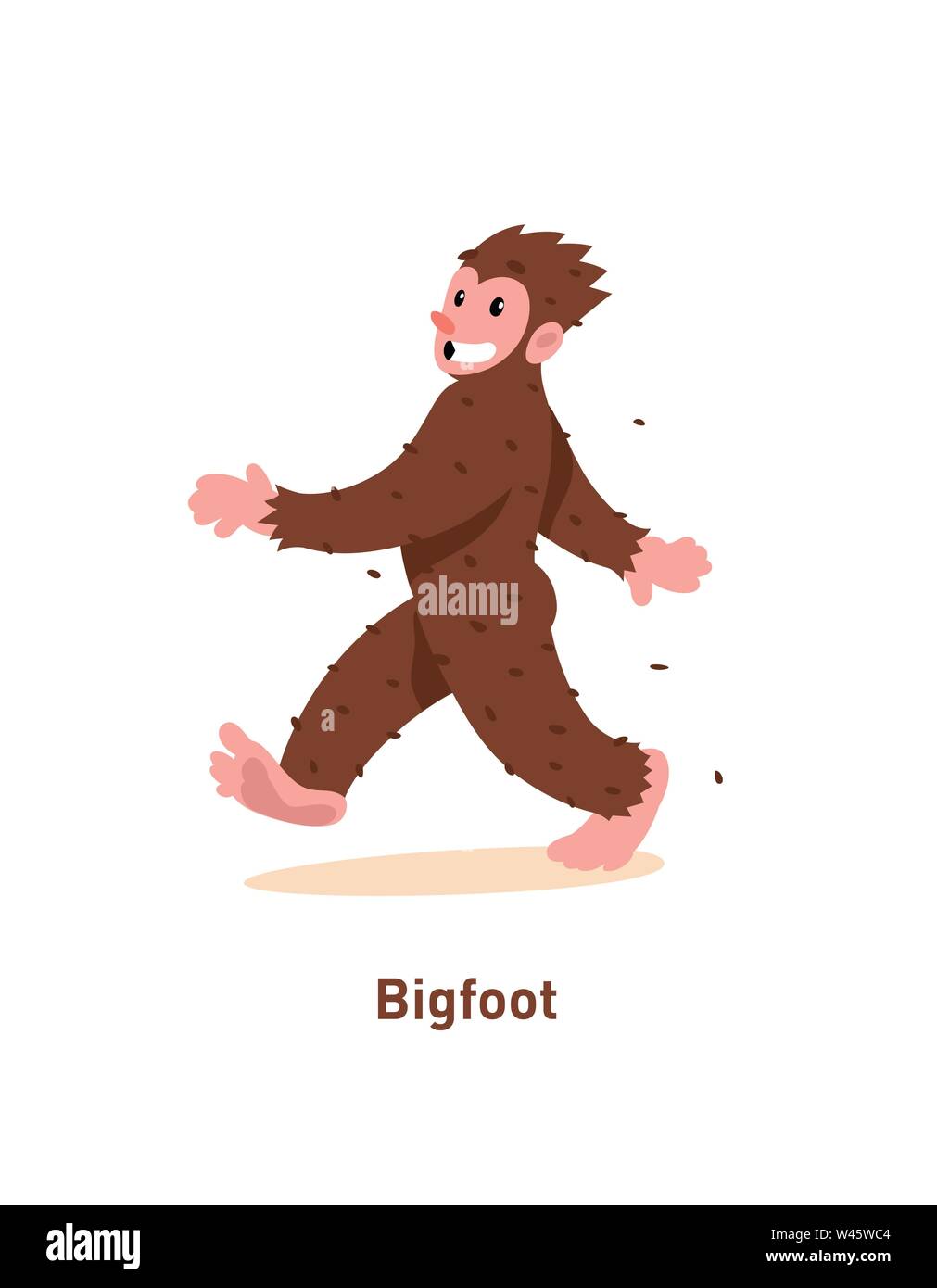 Una illustrazione di un cartoon carino Bigfoot. Illustrazione Vettoriale. Brown Bigfoot è a piedi. Immagine è isolato su sfondo bianco. Piatto illustra la moda Illustrazione Vettoriale