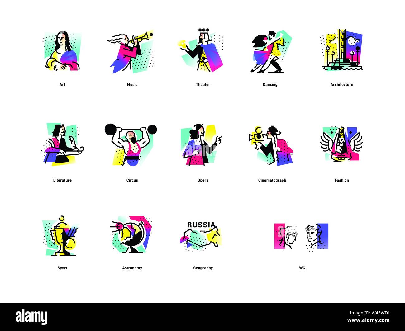 Un set di icone sul tema delle forme d'arte. Musica, coreografia, cantando, letteratura, teatro, circo. Vettore illustrazione piana. Hobby creativo di PEO Illustrazione Vettoriale