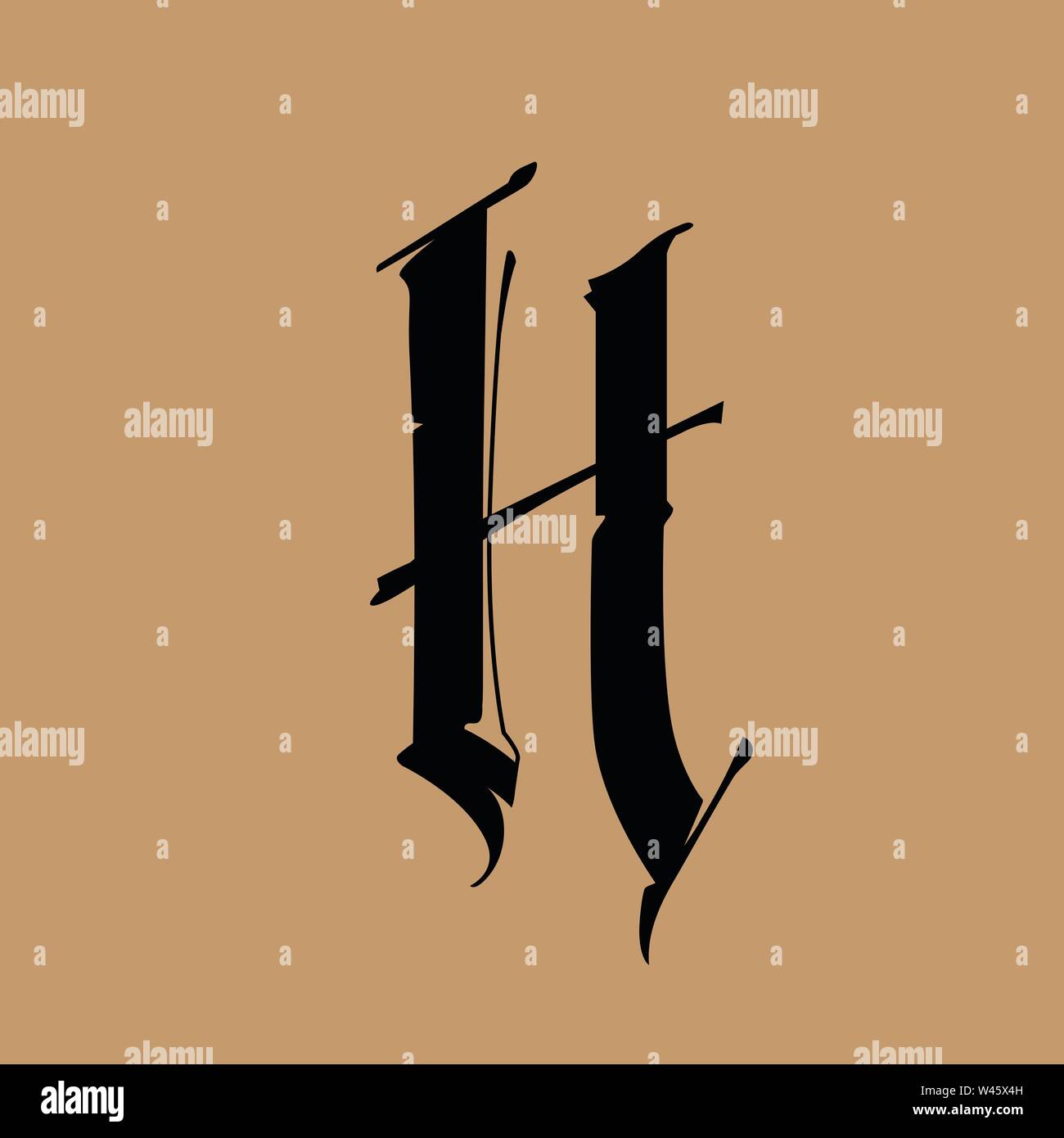 La lettera H, in stile gotico. Vettore. Alfabeto. Il simbolo è isolato su un sfondo dorato. La calligrafia e scritte. Latino medievale lettera. Il logo Illustrazione Vettoriale