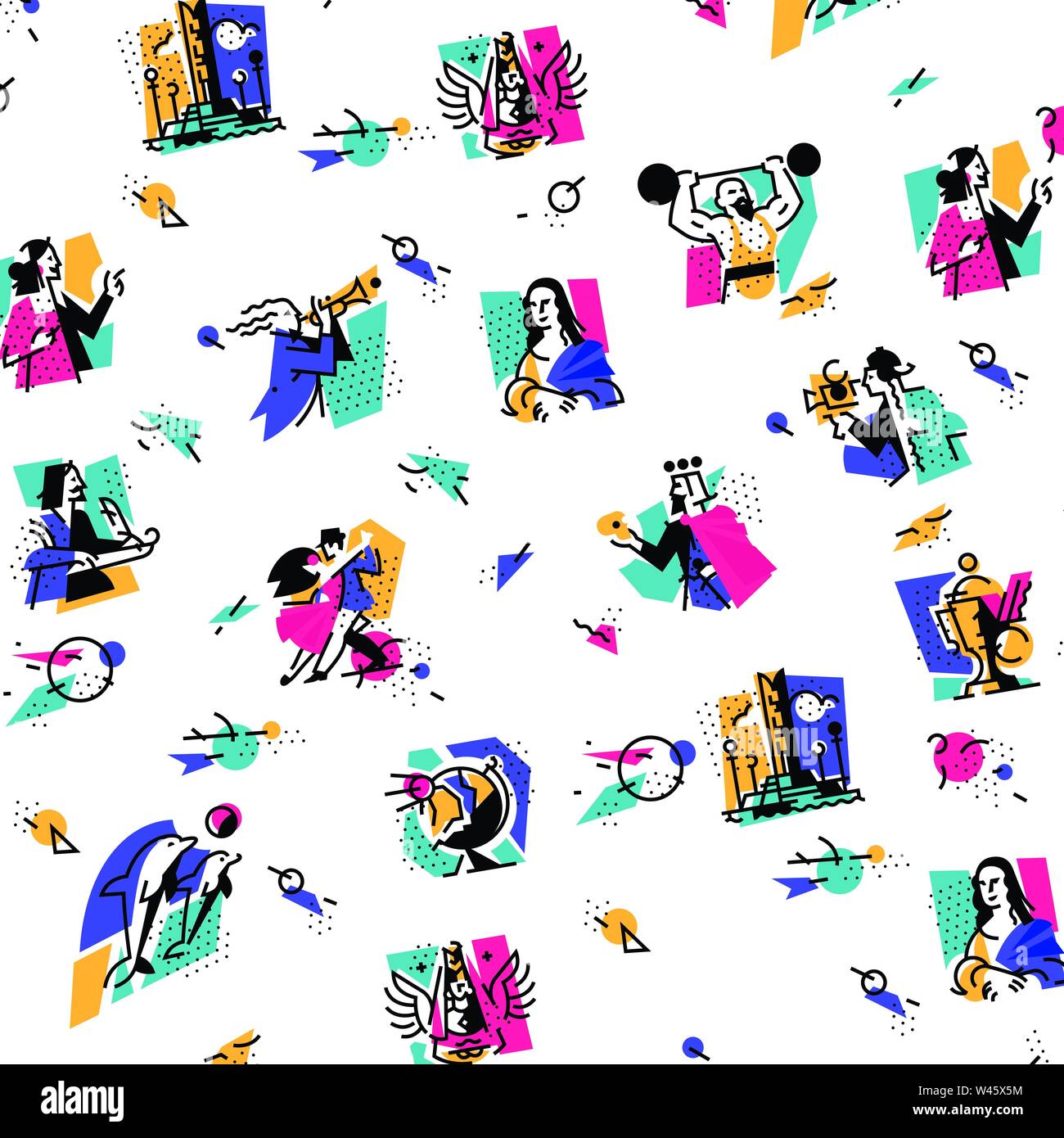 Un set di icone sul tema delle forme d'arte. Musica, coreografia, cantando, letteratura, teatro, circo. Illustrazione Vettoriale. Gli hobby di persone creative. Illustrazione Vettoriale