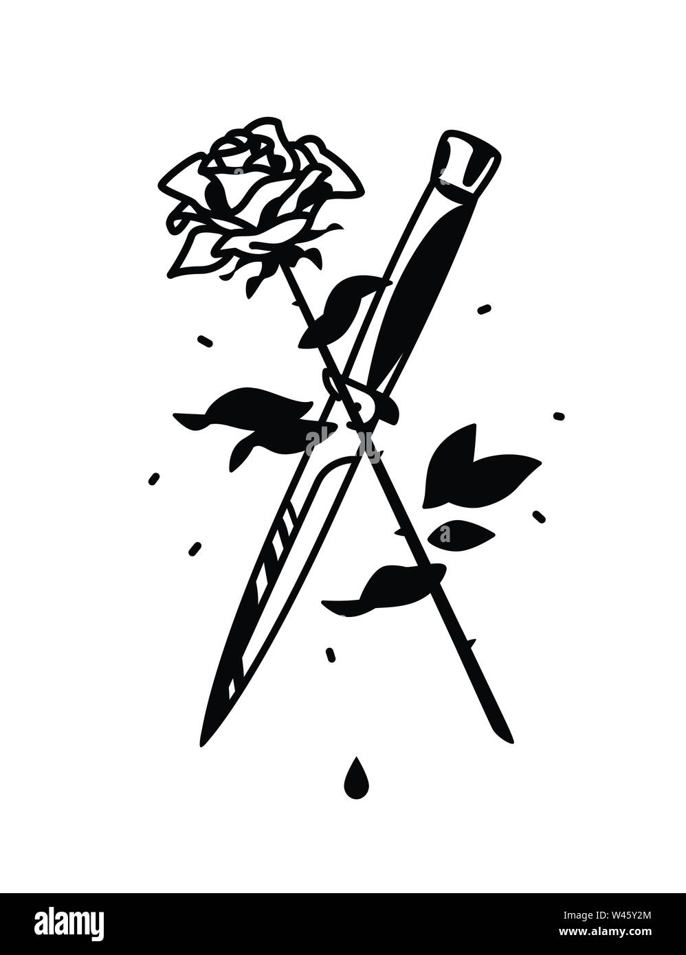 Un tatuaggio con un coltello e una rosa. Illustrazione Vettoriale. Tatuaggio nello stile della vecchia scuola americana. Immagine è isolato su sfondo bianco. Fas Illustrazione Vettoriale