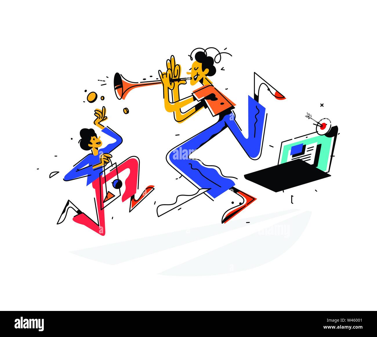Illustrazione di un uomo suonare la tromba e per attrarre i clienti al sito. Vettore. Una luminosa immagine vintage di metafora. Illustrazione per il sito web o Illustrazione Vettoriale Illustrazione di un uomo suonare la tromba e per attrarre i clienti al sito. Vettore. Una luminosa immagine vintage di metafora. Illustrazione per il sito web o Illustrazione Vettoriale
