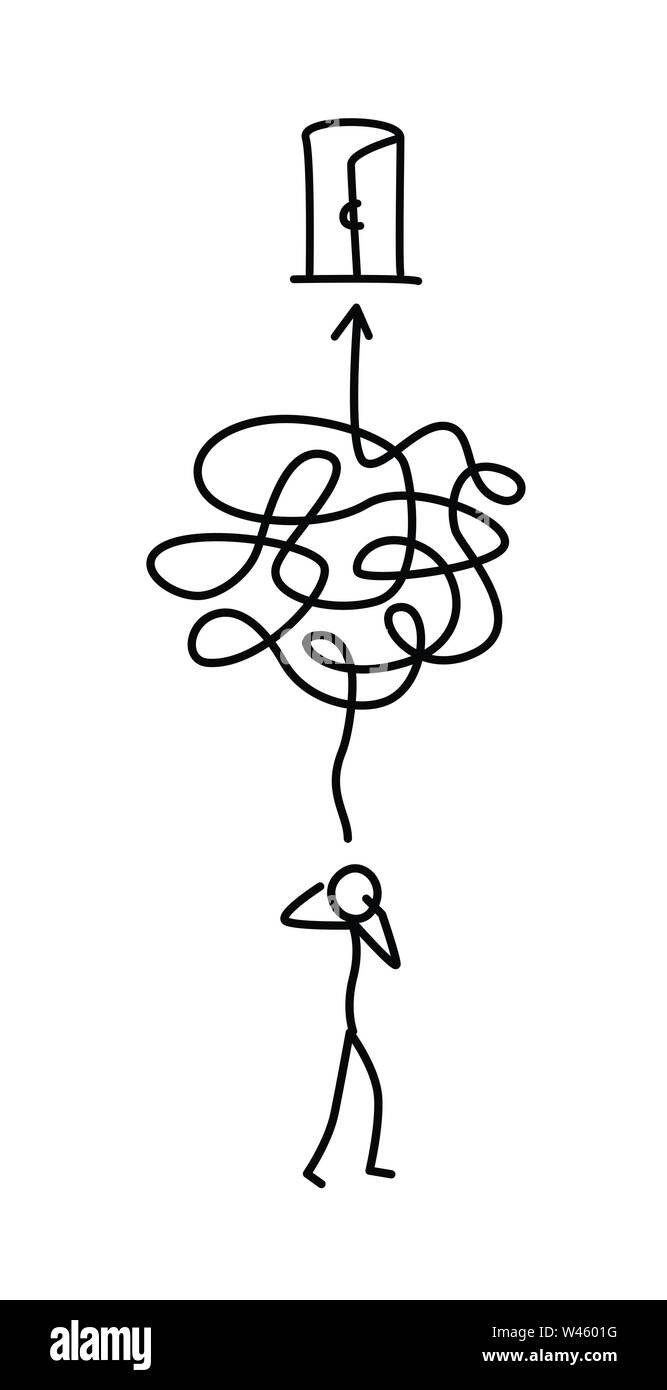 Illustrazione di un uomo a piedi attraverso un labirinto all'uscita. Vettore. Il labirinto è come un cervello. Metafora. Lo stile lineare. Illustrazione per u Illustrazione Vettoriale