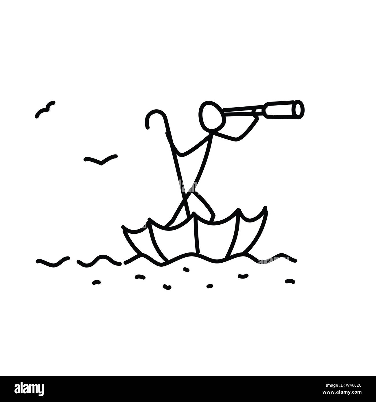 Illustrazione di un uomo fluttuante in un ombrello con un cannocchiale. Vettore. Immagine di un negozio, un banner o un sito web. Una immagine di un pellegrino in cerca di un pro Illustrazione Vettoriale