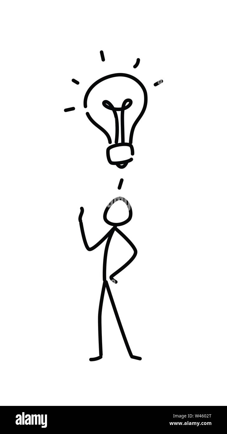 Illustrazione di un piccolo uomo e una lampadina. Vettore. Hai un'idea. Metafora. Lo stile lineare. Illustrazione per il sito o la presentazione. Creative e res Illustrazione Vettoriale