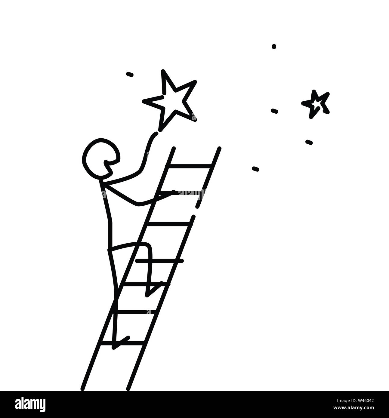 Illustrazione di un uomo ha ottenuto una stella. Vettore. Sogni. Metafora. Lo stile lineare. Illustrazione per il sito o la presentazione. Diventare una star. Illustrazione Vettoriale
