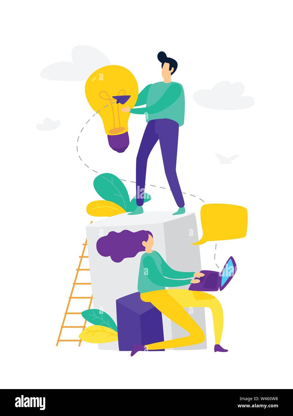 Illustrazione Vettoriale, assistente online al lavoro, la promozione online, il lavoro remoto manager, la ricerca di nuove idee e il lavoro di squadra in una società di brainstorming. Illustrazione Vettoriale
