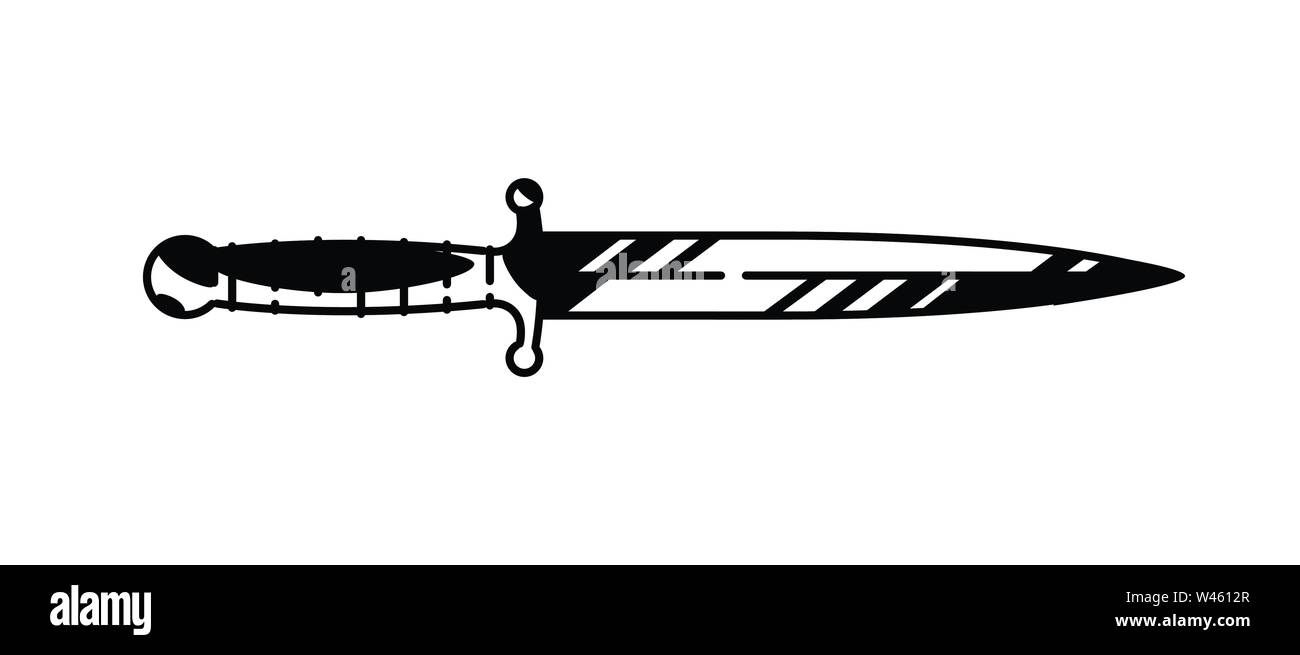 Immagine del logo del pugnale. Vettore. Dipinto coltello militare. In bianco e nero di contorno di disegno grafico. Tatuaggio. Elemento decorativo per la progettazione Illustrazione Vettoriale