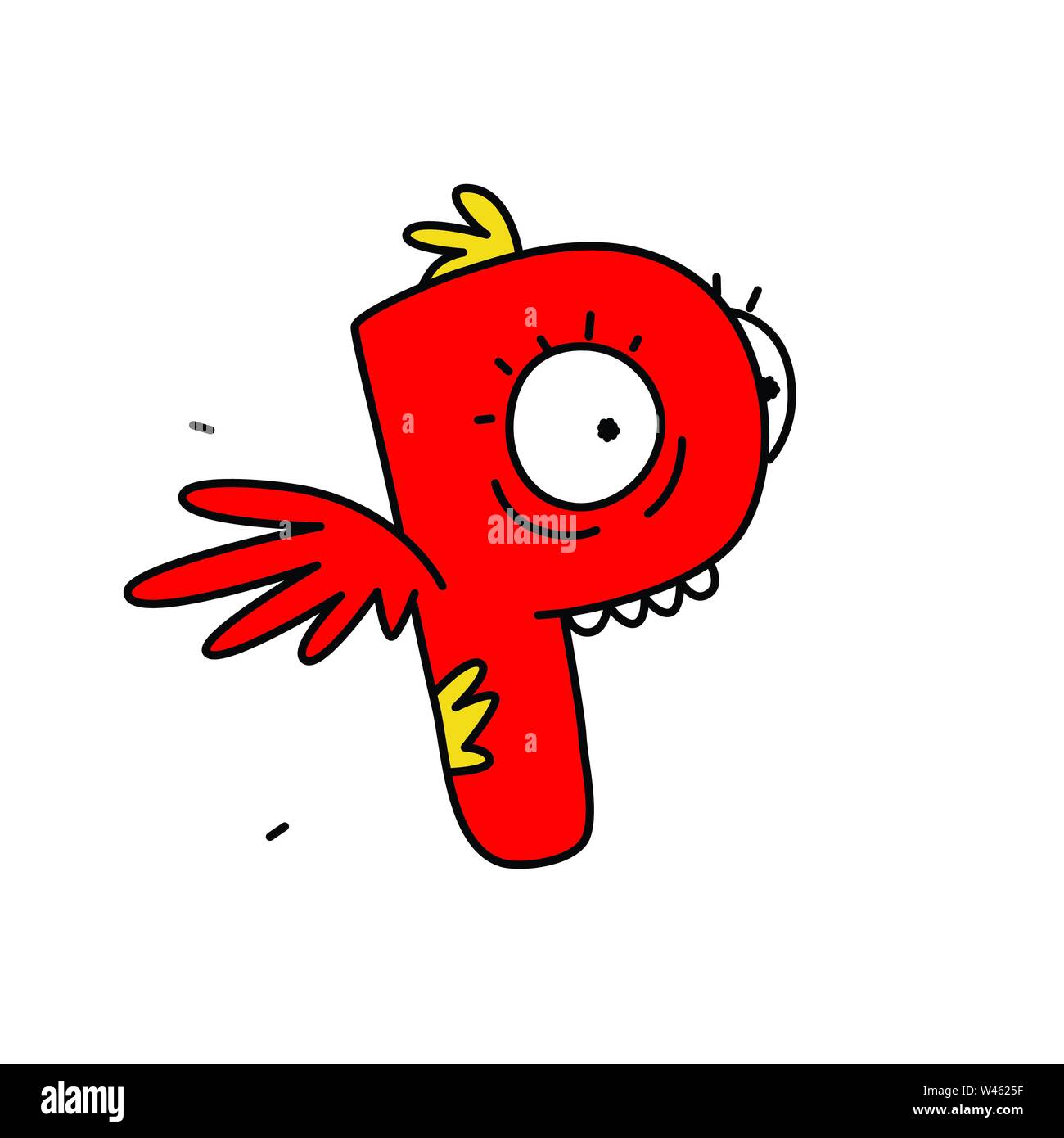 La lettera P nella forma di un personaggio con le ali. Vettore. Profilo piatto stile. Logo per la società. Lettera latina. Il logo della società. Divertente personaggio rosso. Illustrazione Vettoriale