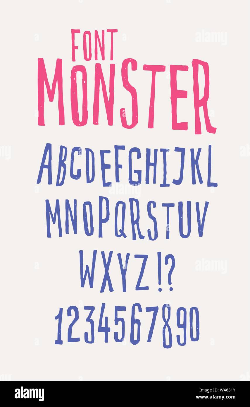 Allegro friendly font. Vettore. Le lettere sono tutti separatamente. Serie di lettere dell'alfabeto inglese. I caratteri latini. Hipster stile comico. Font fo Illustrazione Vettoriale