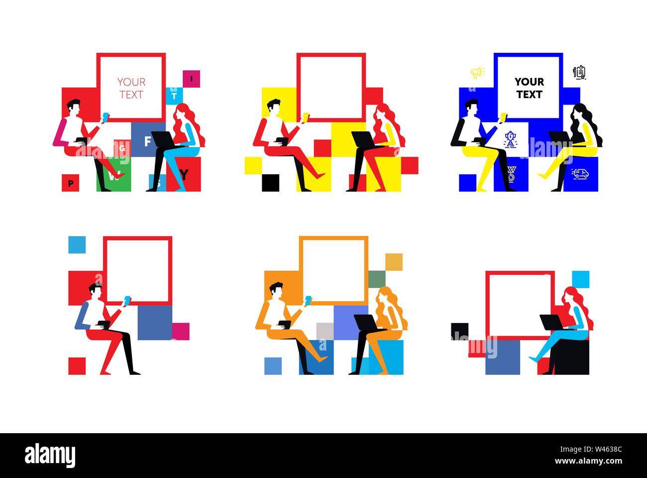 Le illustrazioni della gente di affari. Vettore. Comunicazione aziendale, il layout di progettazione per creare poster e volantini. Corsi, incontri di successo delle persone. Illustrazione Vettoriale