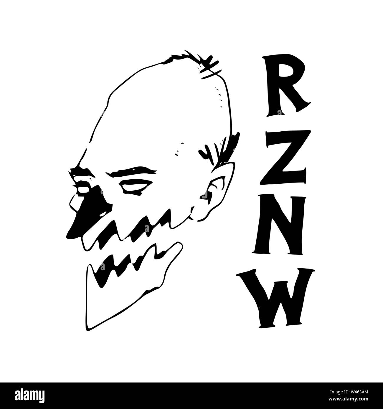 Immagine del logo per la società. Vettore. Concetto in forma di una testa calva con le lettere P, Z, N, W. possibile simbolo, emblema di un gruppo musicale. Illustrazione Vettoriale