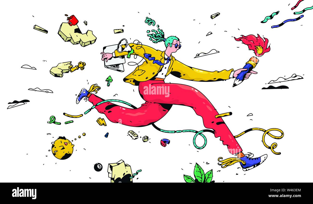 Manager ricerca dipendente personale con una torcia. Vettore. Un imprenditore in esecuzione viene eseguito attraverso la parete. Il maestro porta a conoscenza del mondo. Il Mana di vendita Illustrazione Vettoriale