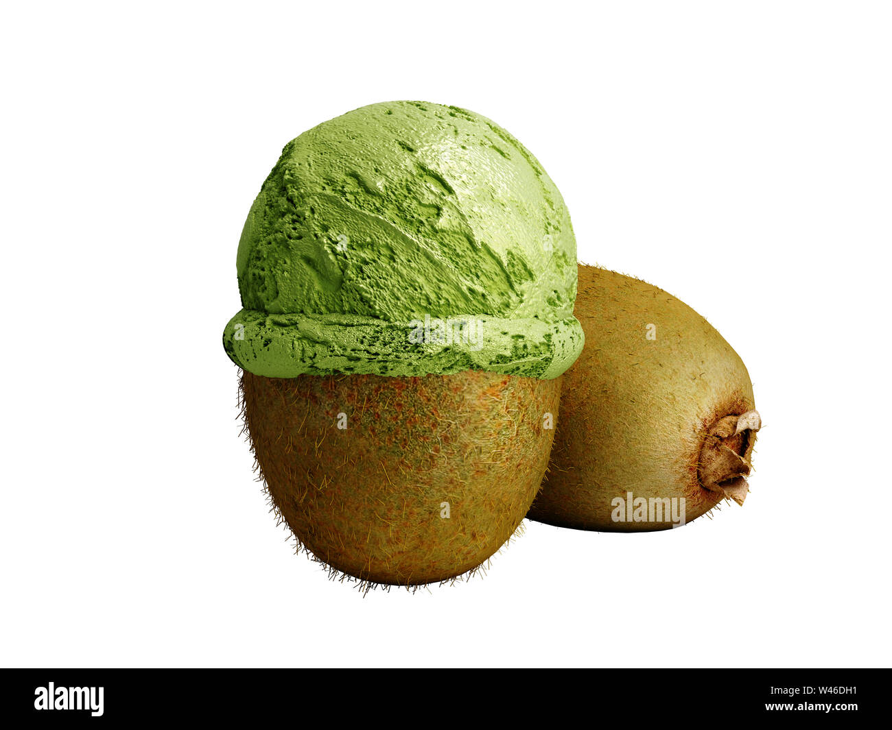Un concetto moderno di frutta gelato un kiwi gelato si trova a sfera su un arrosto di kiwi3d render su sfondo bianco senza ombra Foto Stock