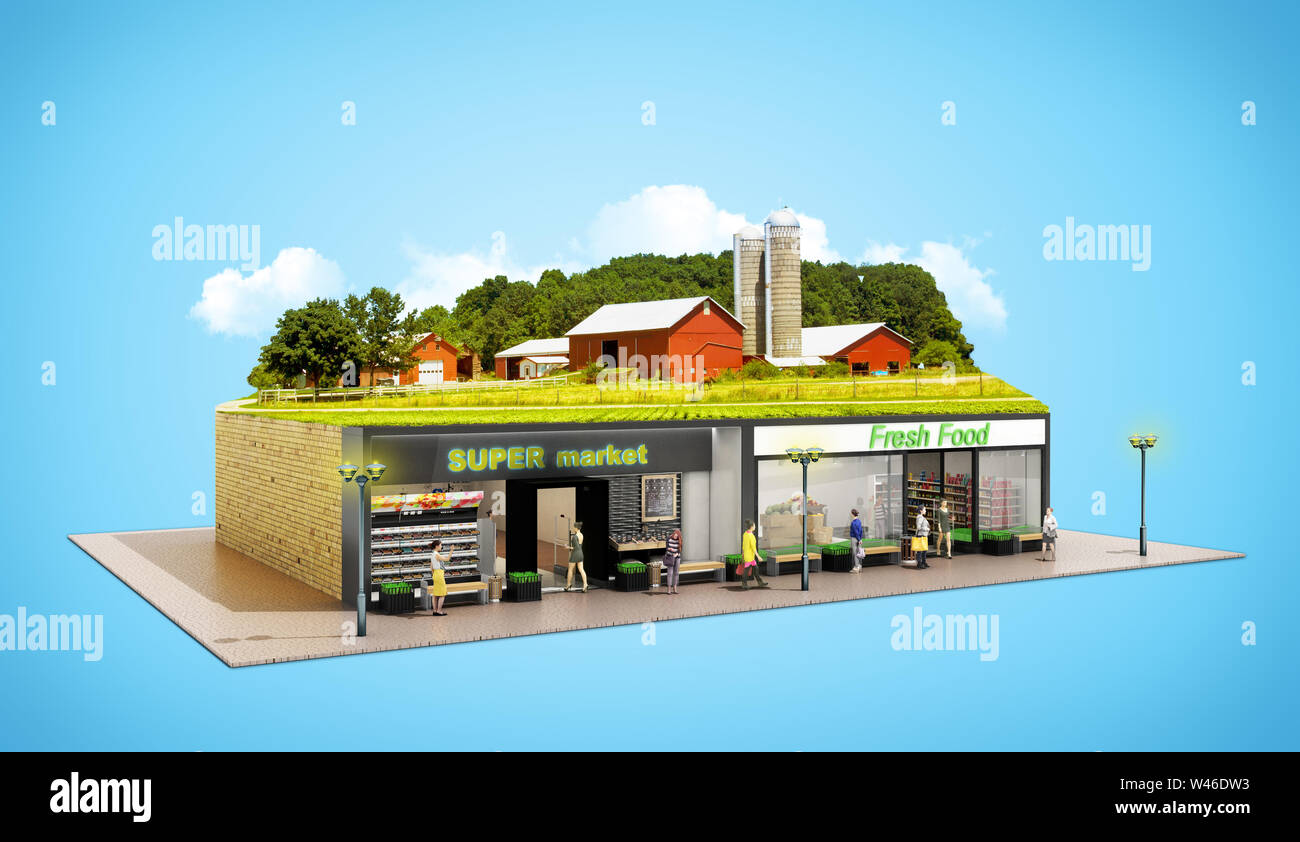 Il concetto di ecologicamente pura vetrine alimentari dai supermercati con una fattoria sul tetto 3d rendering su blu Foto Stock