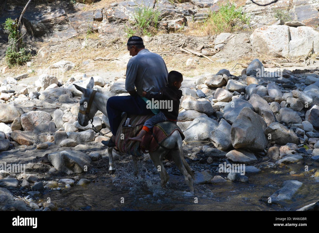 Un agricoltore e il suo figlio più giovane vicino villaggio Sentyob, Nuratau montagne, Uzbekistan Foto Stock