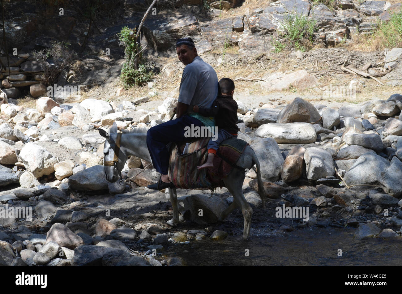 Un agricoltore e il suo figlio più giovane vicino villaggio Sentyob, Nuratau montagne, Uzbekistan Foto Stock