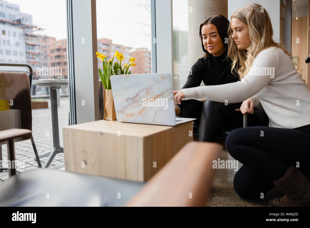 Due donne che lavorano su progetto Scuola su laptop presso il Cafe Foto Stock