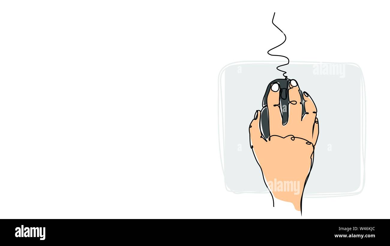 Mano sul mouse linea singola brutto disegno con colori ad acqua piatta traducano illustrazione dello stile Illustrazione Vettoriale