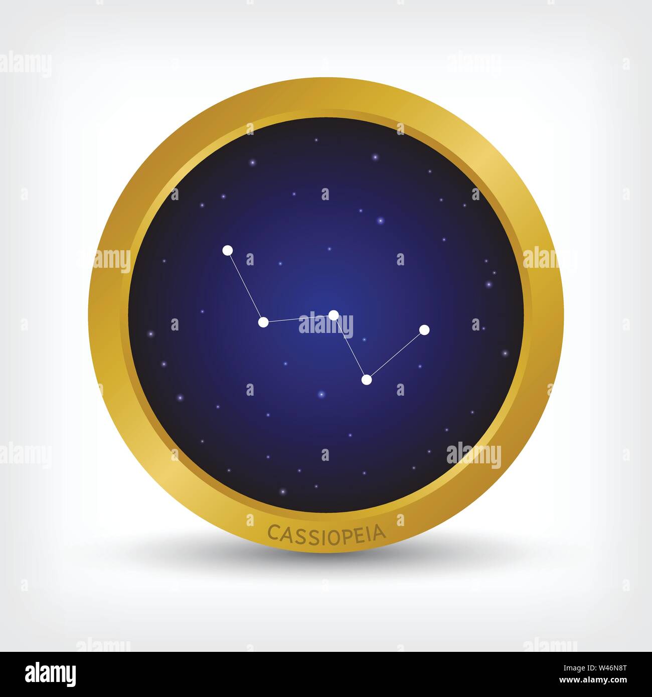 Costellazione di Cassiopeia in cerchio d'oro, gruppo di stelle in galassia, illustrazione vettoriale Illustrazione Vettoriale