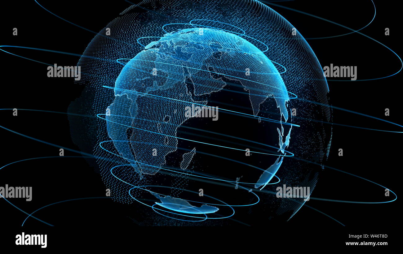 Movimento Terra Digital Globe superficie trasparente. Planet rotazione oggetto più piccolo all'interno della mappa del mondo futuro tecnologie scientifiche. Il concetto di Business universo esplorazione Concetto 3D Rendering animazione Foto Stock
