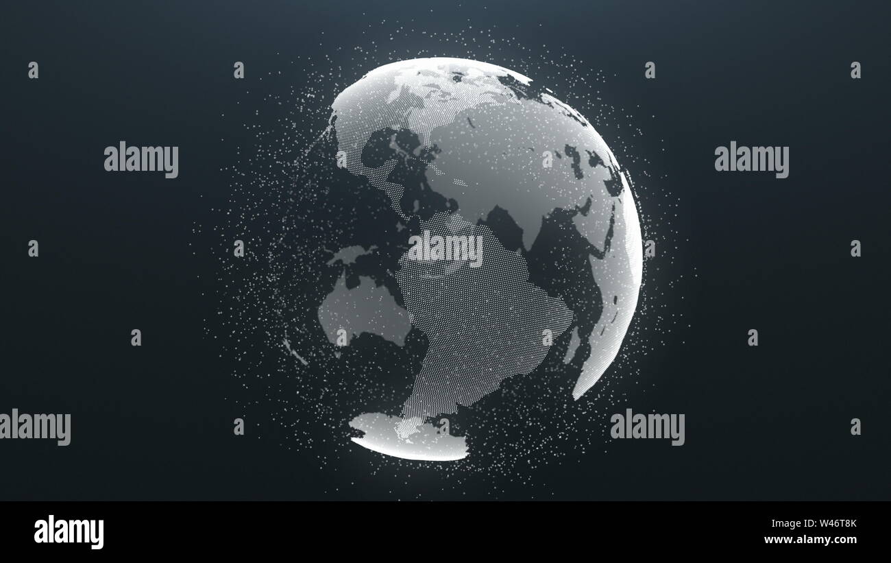 Pianeta Terra di rotazione delle particelle sfondo globale. In tutto il mondo universo sfera Mappa moto concetto di business. Globo cosmico scenario Deep Outer Space Exploration Concetto di viaggio 3D Rendering animazione Foto Stock