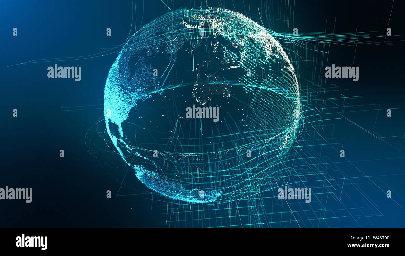 Particella di movimento terra Digital Globe Cyber concetto. Planet Network dati astratto mondo Mappa Business Background. Universo collegamento paesaggio paesaggio esterno di esplorazione spaziale 3D Rendering animazione Foto Stock