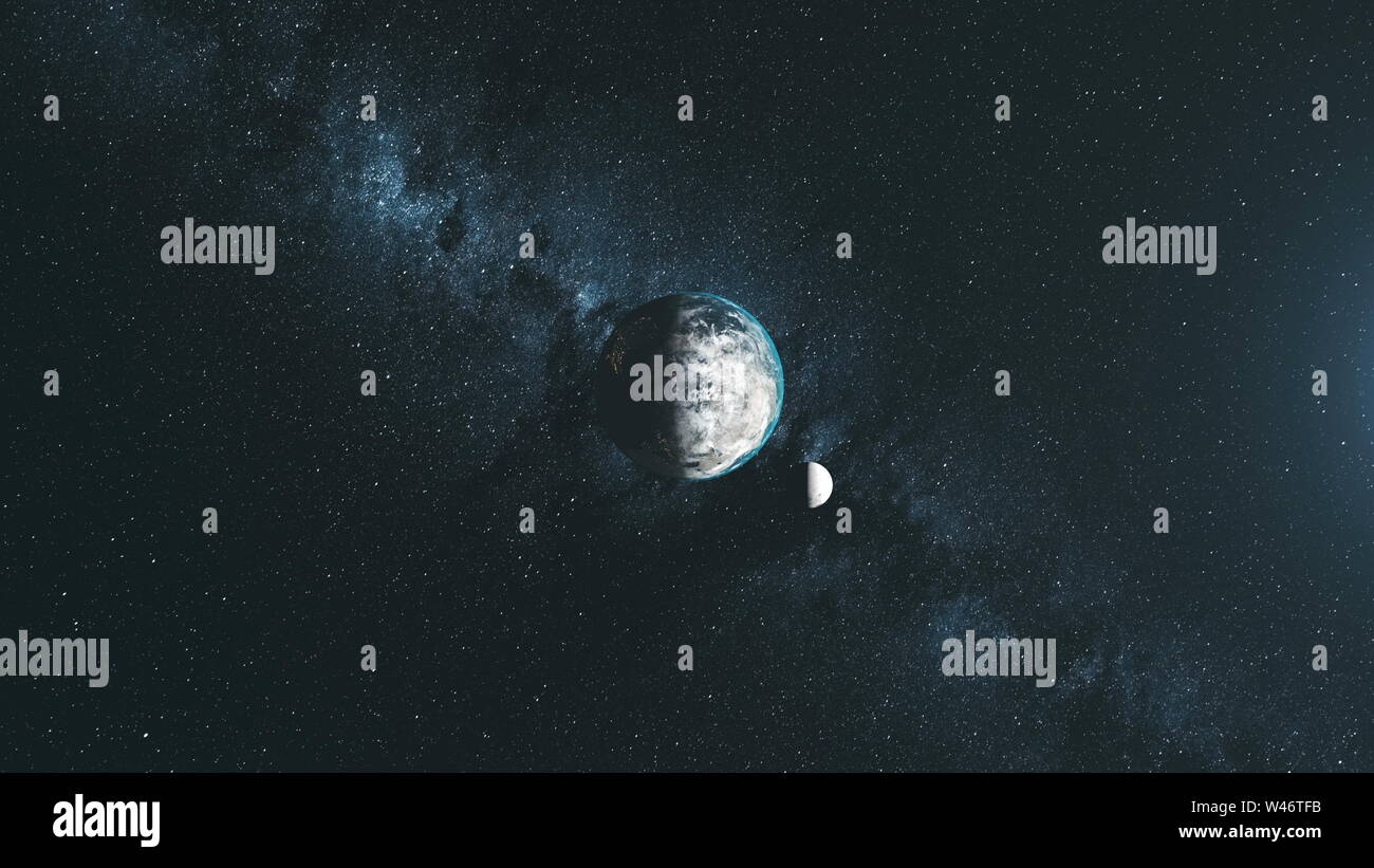 Ruotare la Terra Luna orbita sfondo Star Top Down. Aprire Deep Galaxy satellite di osservazione di viaggio interstellare Outer Space Exploration concetto animazione 3D Foto Stock