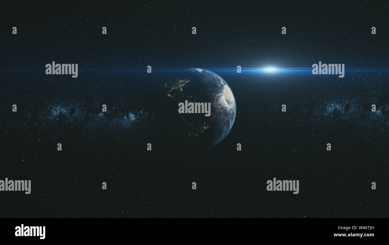 Spin orbita terrestre Meteor candelette di sfondo stellato. Pianeta moto veloce universo costellazione Celeste Mappa del mondo Deep Space Exploration concetto animazione 3D Foto Stock