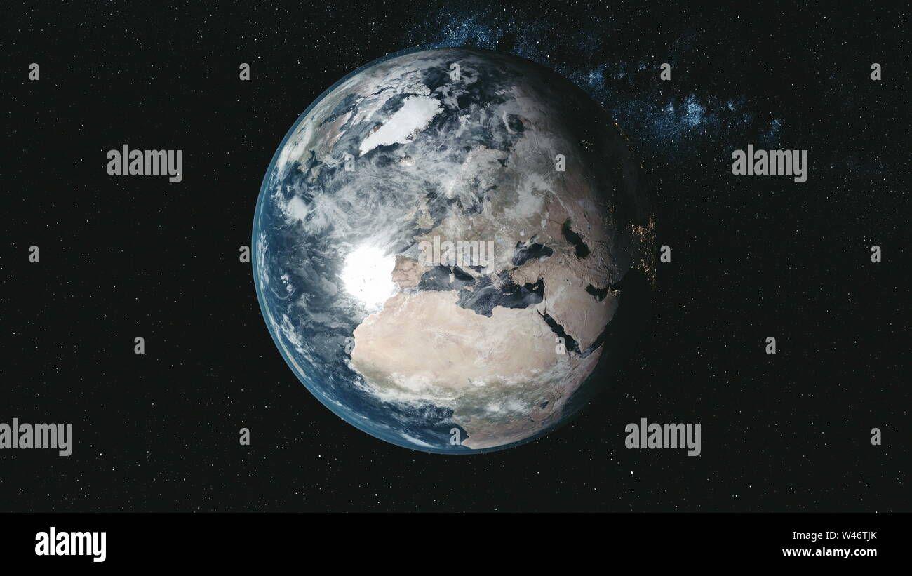 Spin Epic Pianeta Terra Galaxy notte vista satellitare. Aprire profondo cosmo la navigazione via lattea sfondo universo di viaggio il concetto di esplorazione di animazione 3D Foto Stock
