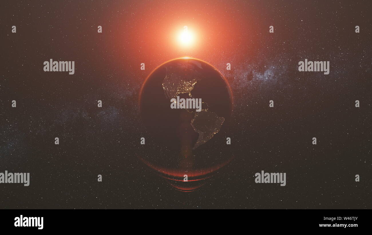 Orbita della terra la rotazione inversa rosso luminoso del fascio di Sun. Globo celeste Mappa mondo universo stellare galassia universo di costellazione Concetto di esplorazione di animazione 3D Foto Stock