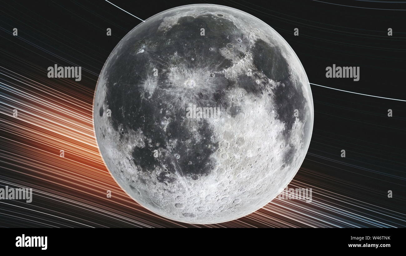 Luna Ruota orbita pianeta vicino la galassia a spirale. Oggetto Celeste Mappa illuminato sul lato vista satellitare Galaxy universo di navigazione il concetto di esplorazione di animazione 3D Foto Stock