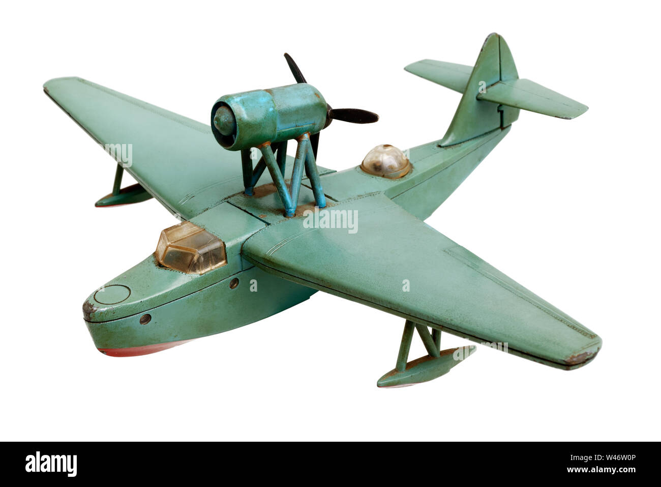 Oggetti isolati: vecchio generico idro aereo metallo verde modello in scala, isolati su sfondo bianco Foto Stock