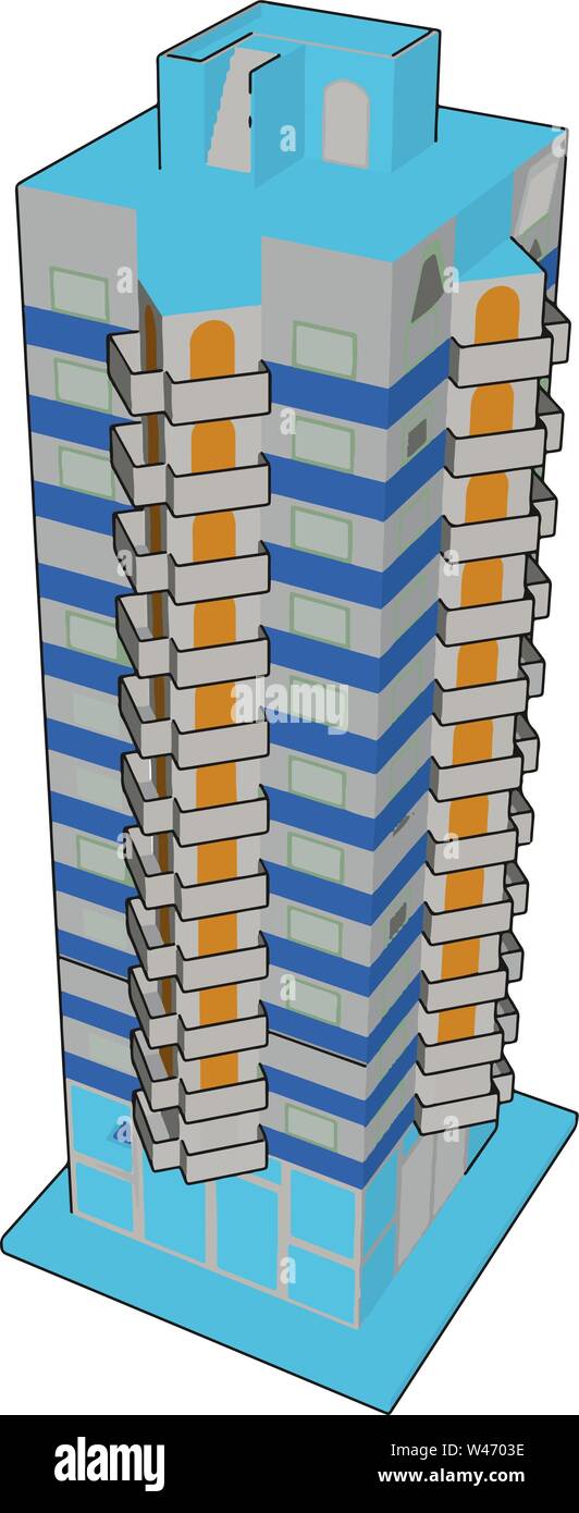 Alto edificio blu, illustrazione vettore su sfondo bianco. Illustrazione Vettoriale