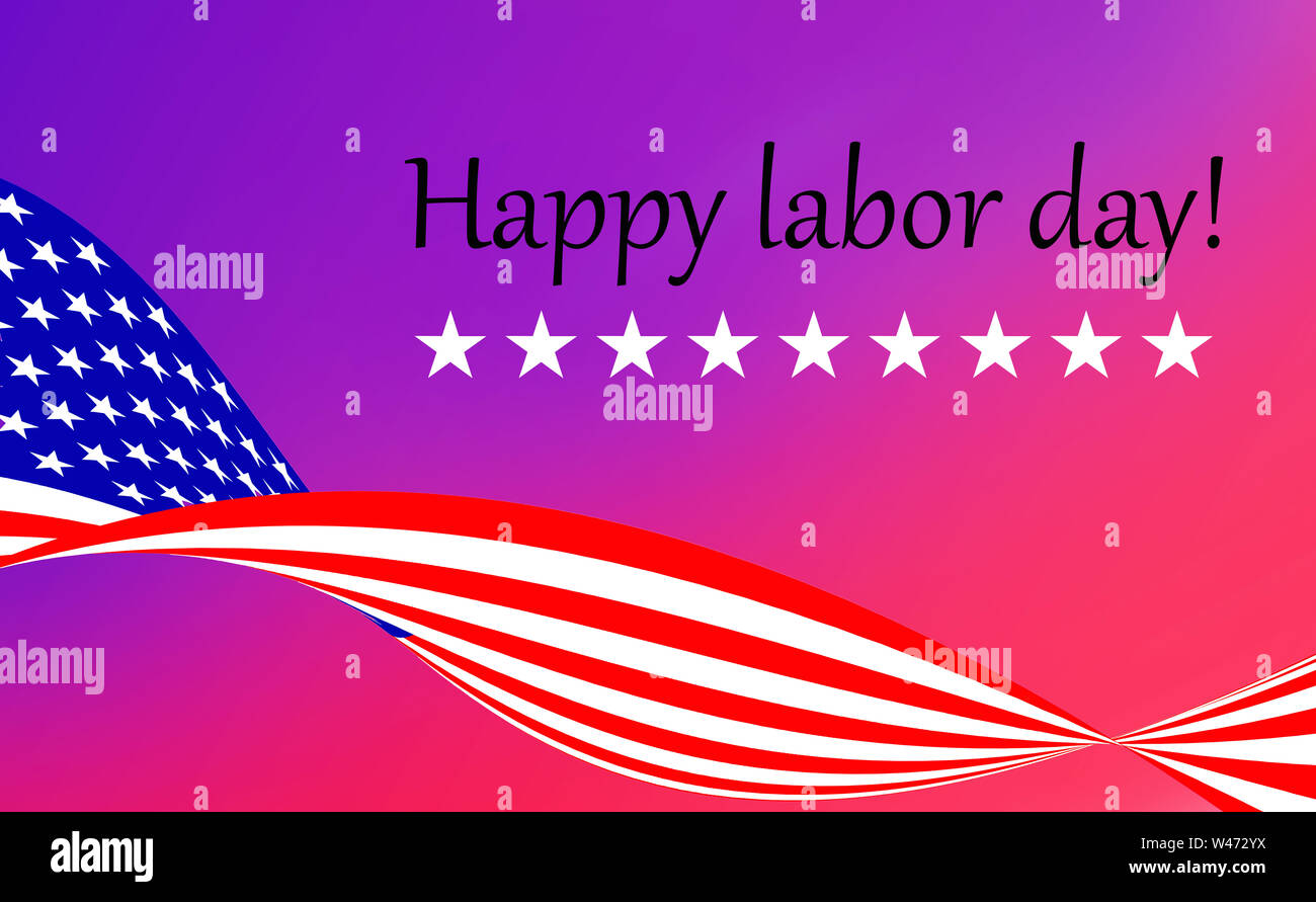 Illustrazione Di Felice Festa del lavoro. Arricciato bandiera degli Stati Uniti d'America con iscrizione e stelle su sfondo sfocato. Foto Stock